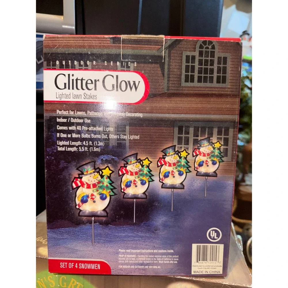 Vintage Outdoor Series Glitter Glow Lighted Snowmen Lawn Stakes Set of 4 Boxed